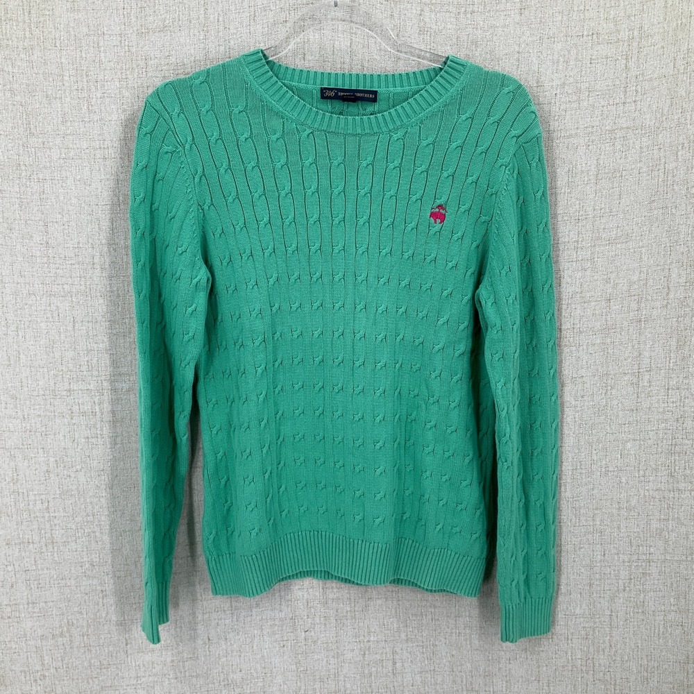 Brooks Brothers Sweater Womens L Green Cotton Cable Knit Crew Neck Preppy Logo